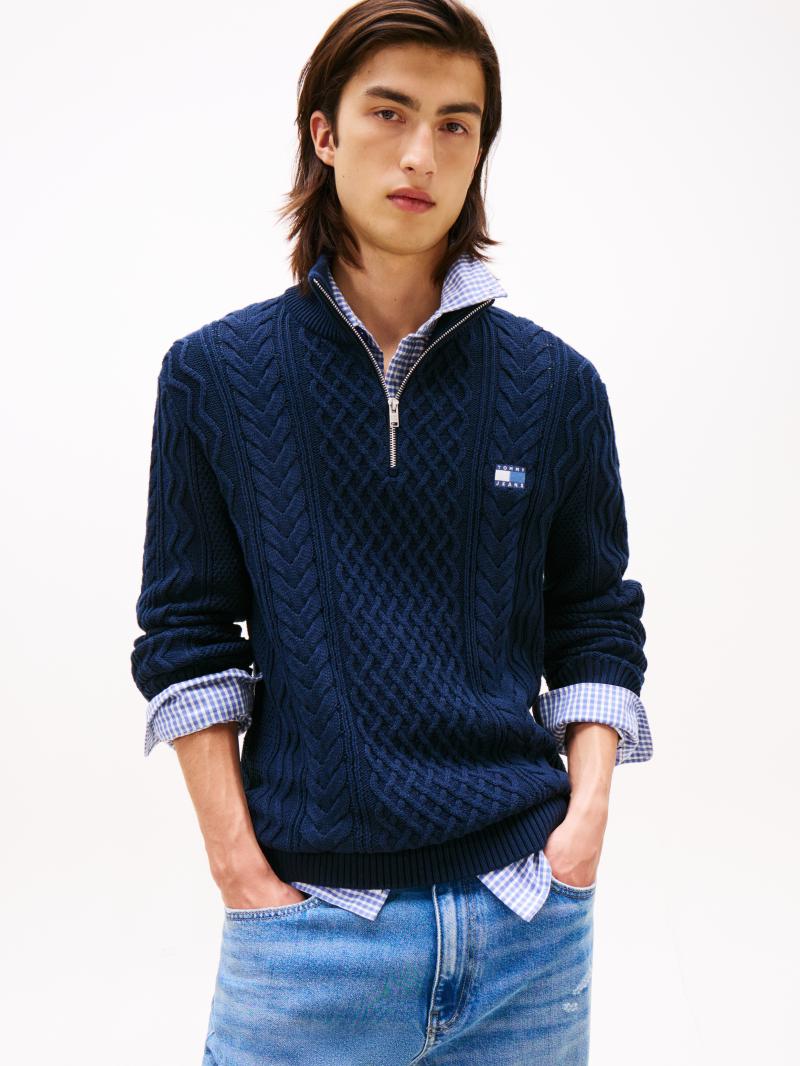 Tommy Hilfiger Kabel Half Zip Strik - Mørkeblå Must-Have